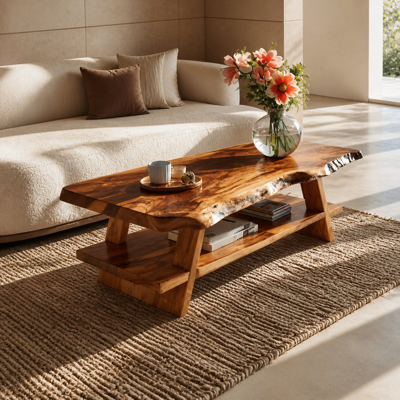 Handcrafted Coffee Table Live Edge And Lower Shelf For Living