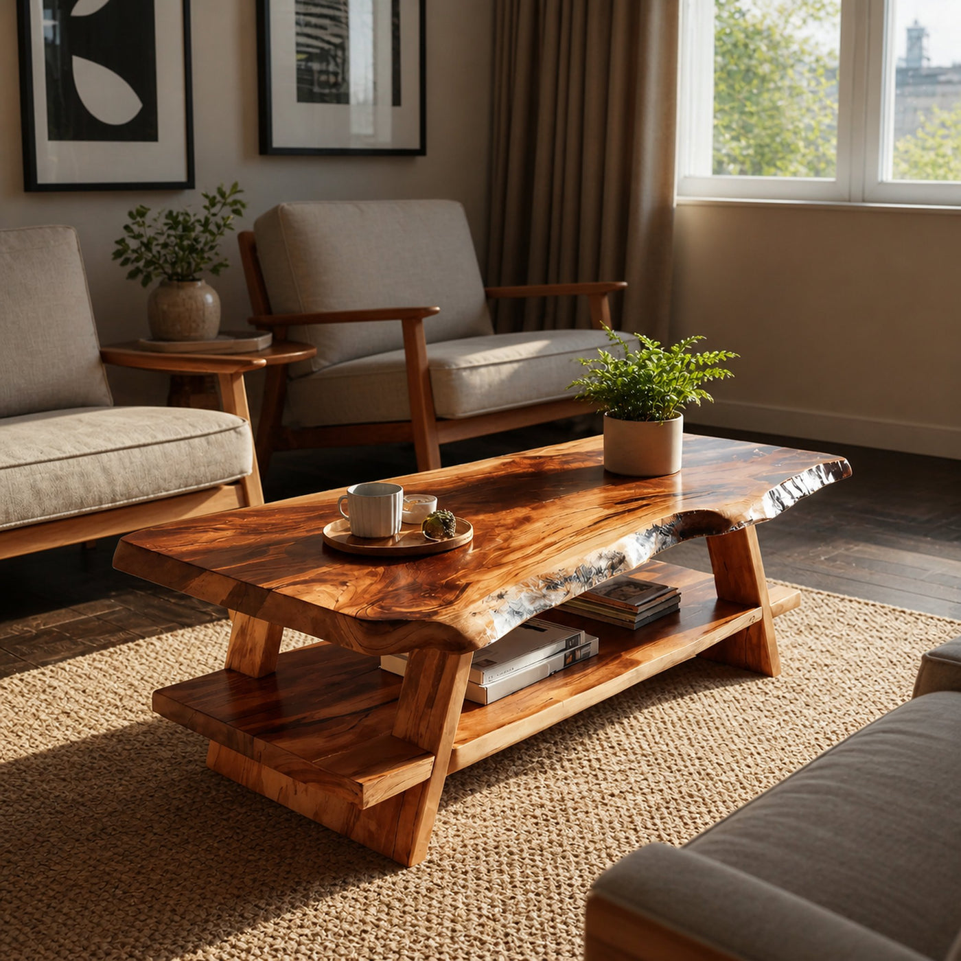 Handcrafted Coffee Table Live Edge And Lower Shelf For Living - product view 6