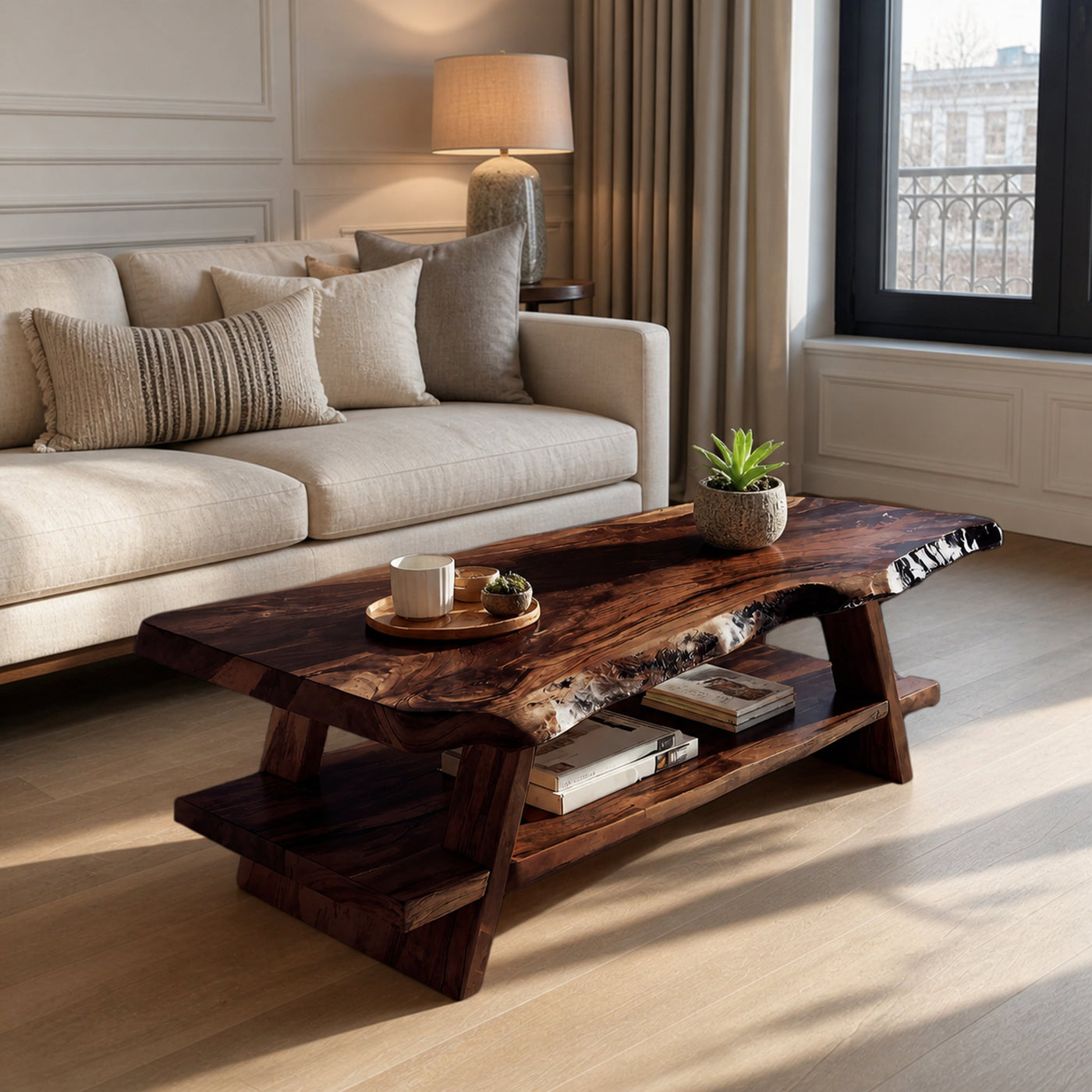 Handcrafted Coffee Table Live Edge And Lower Shelf For Living - product view 7