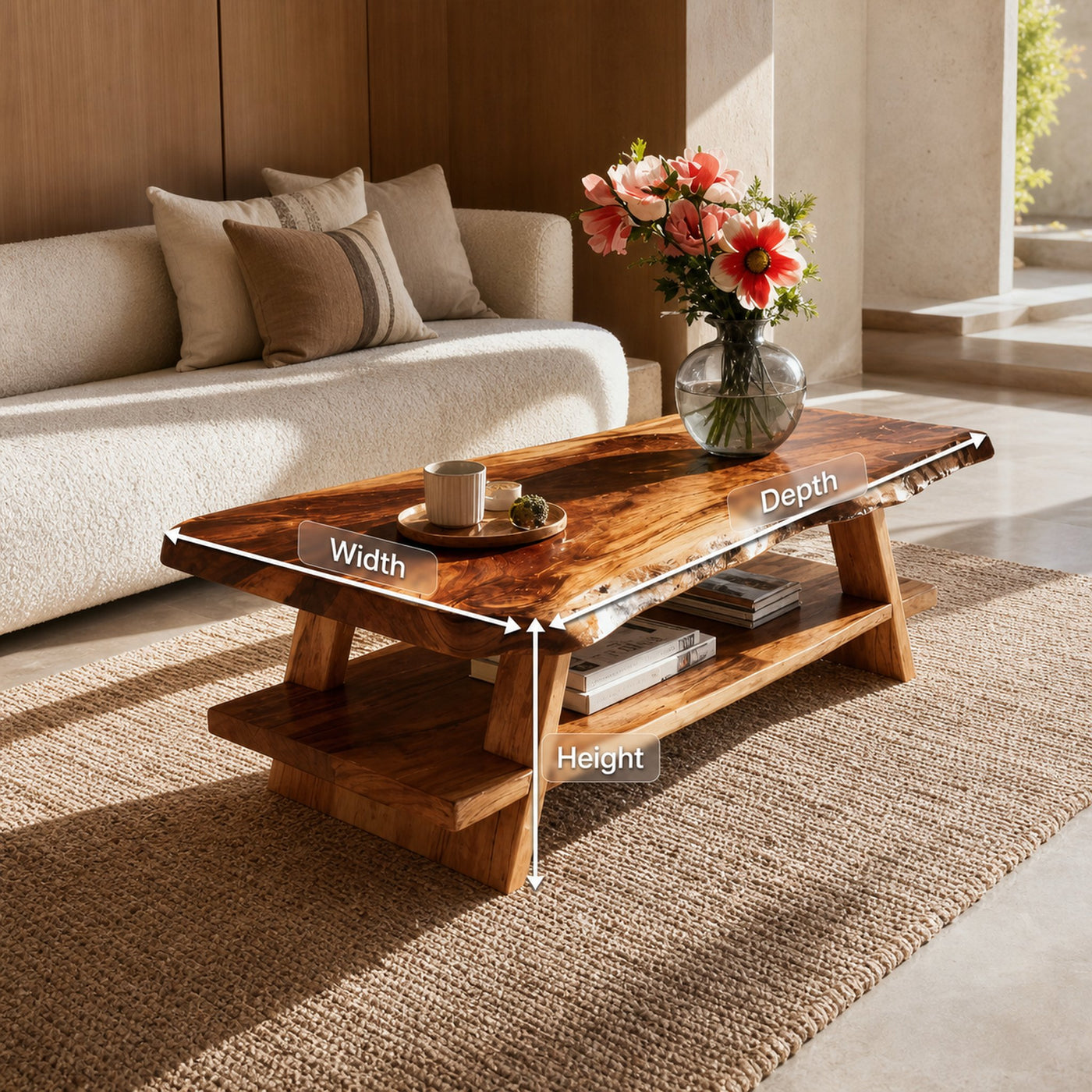Handcrafted Coffee Table Live Edge And Lower Shelf For Living - product view 8