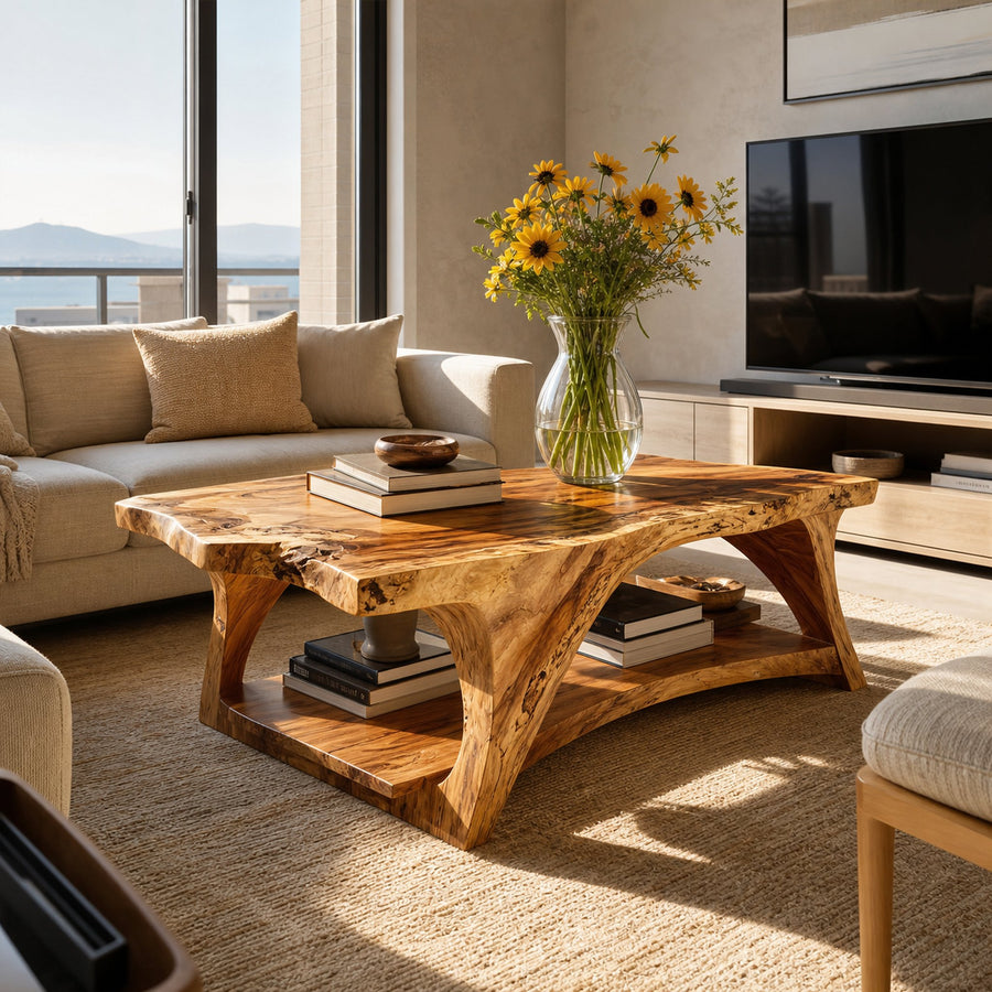 Handcrafted Coffee Table With Live Edge Legs For Living