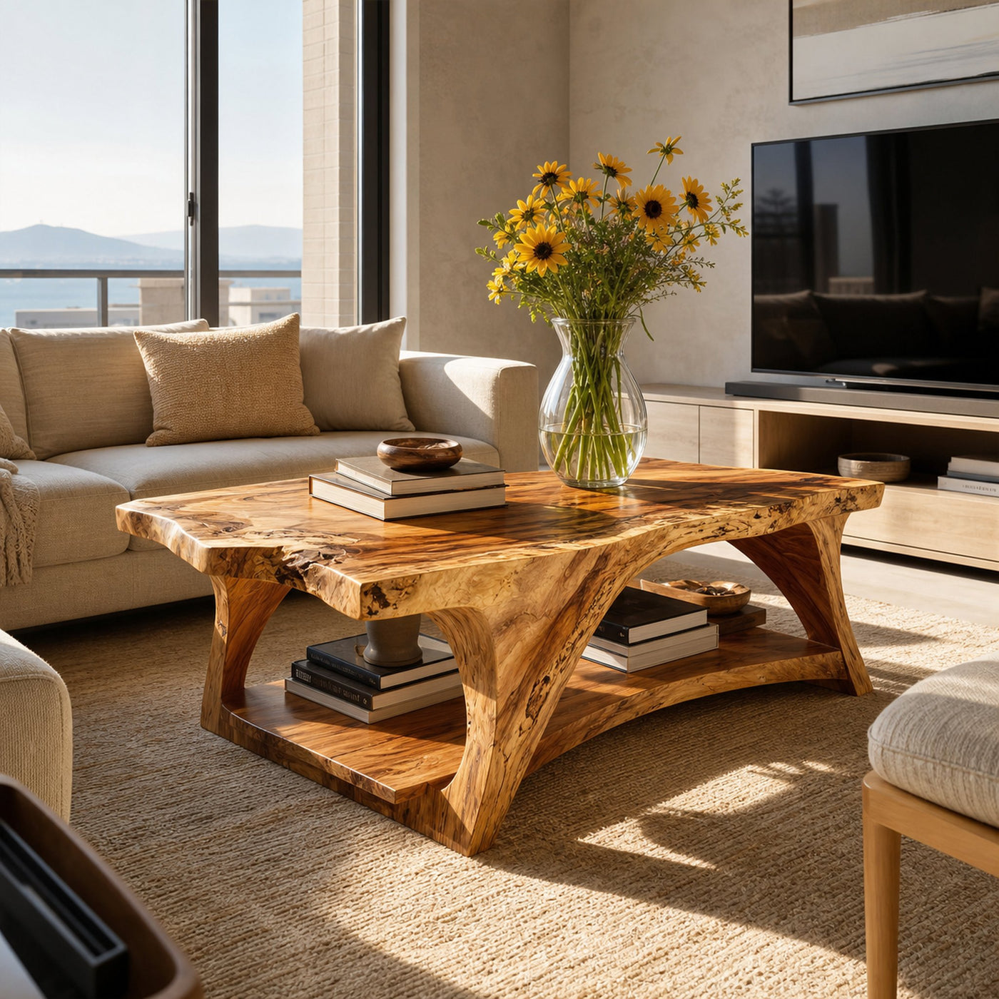 Handcrafted Coffee Table With Live Edge Legs For Living