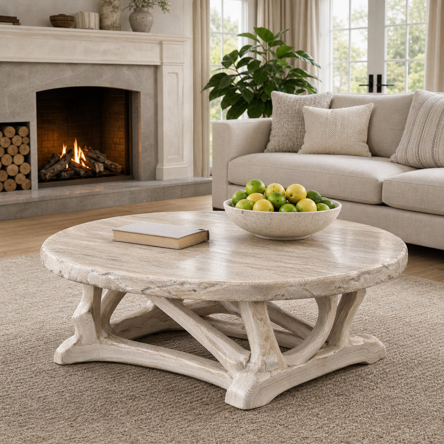 Handcrafted Driftwood Style Round Coffee Table Sculptural Coastal Living Room Interior