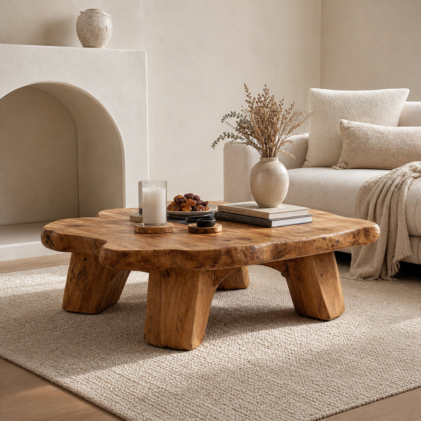 Handcrafted Mediterranean Inspired Solid Wood Coffee Table Cozy Living Room Interior