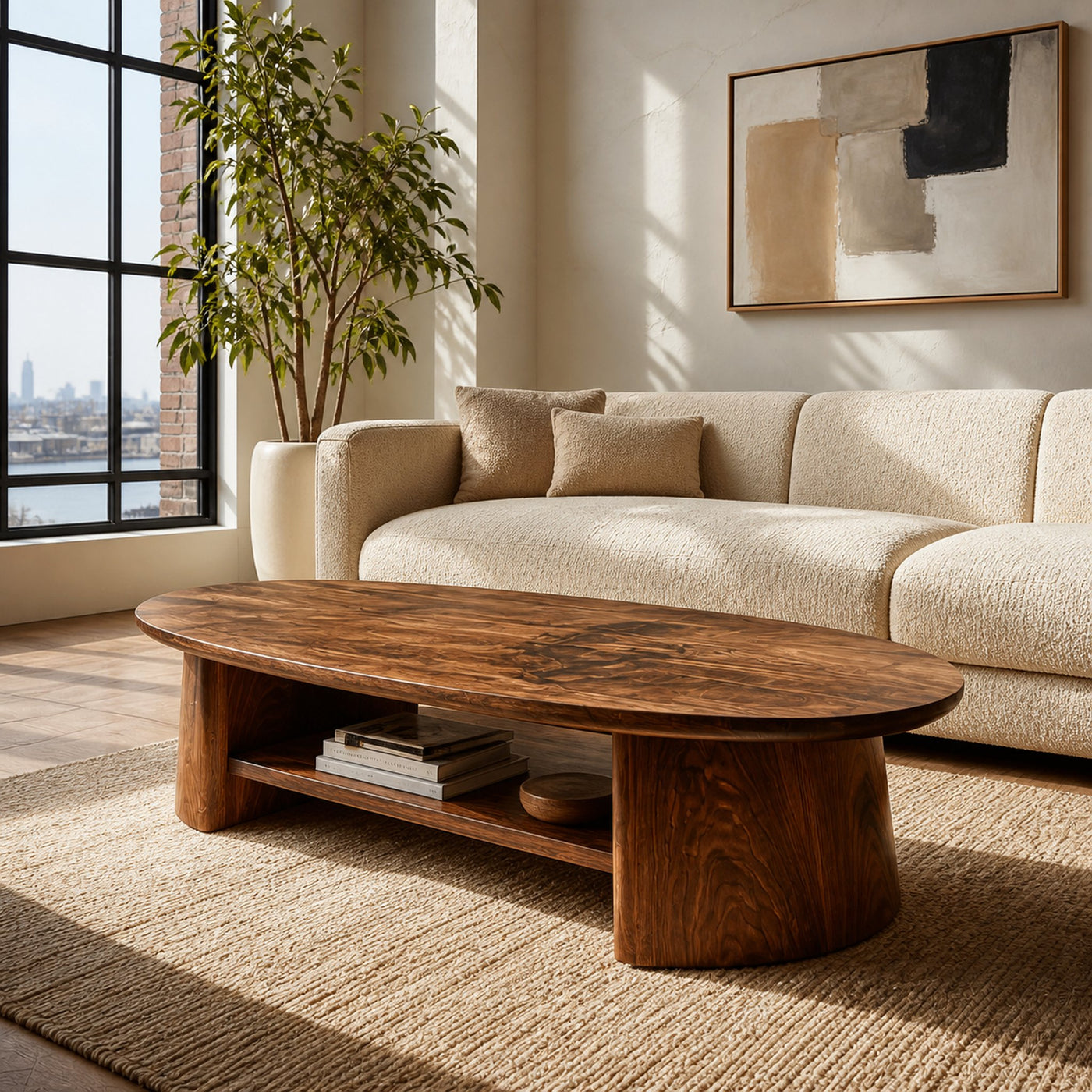 Handcrafted Oval Coffee Table With Open Storage For Home Decor