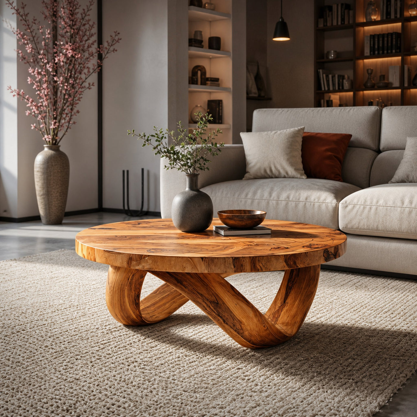 Handcrafted Round Coffee Table With Unique Curved Base For Living