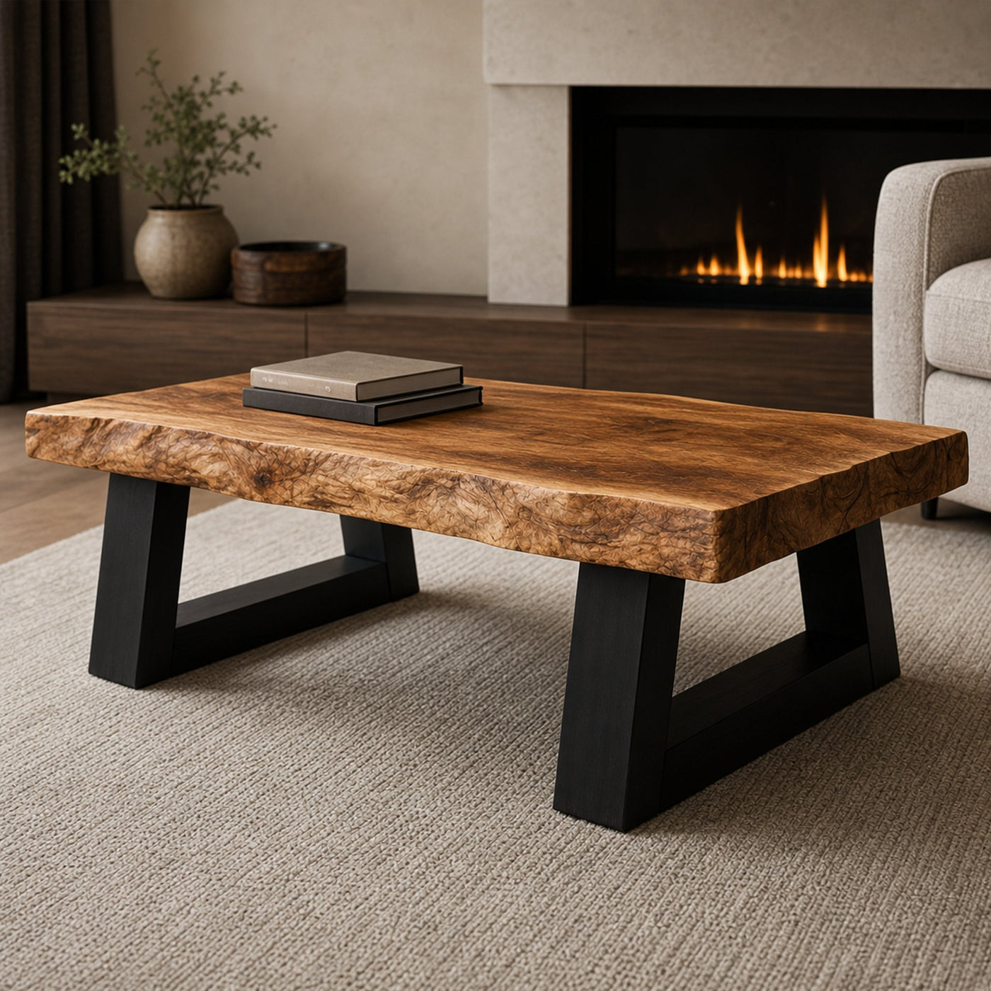 Industrial Live Edge Solid Wood Coffee Table Bold Contrast Black Base Modern Living Room Interior