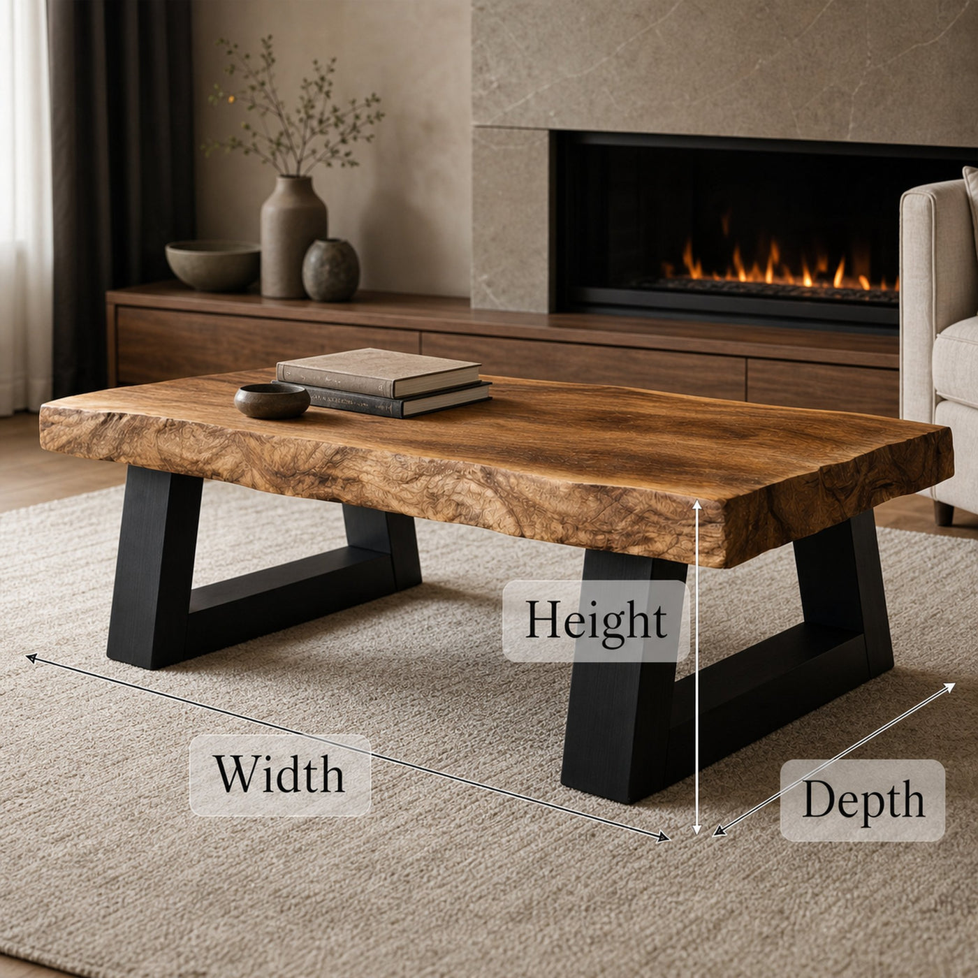 Industrial Live Edge Solid Wood Coffee Table Bold Contrast Black Base Modern Living Room Interior - product view 6