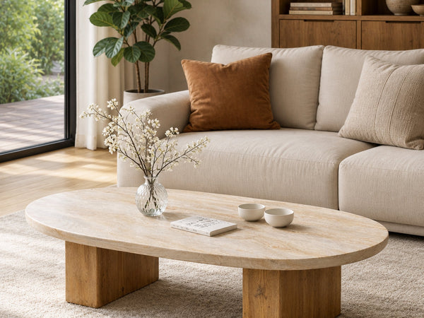 Light Oak Oval Solid Wood Coffee Table Minimalist Balance Contemporary Living Room Interior