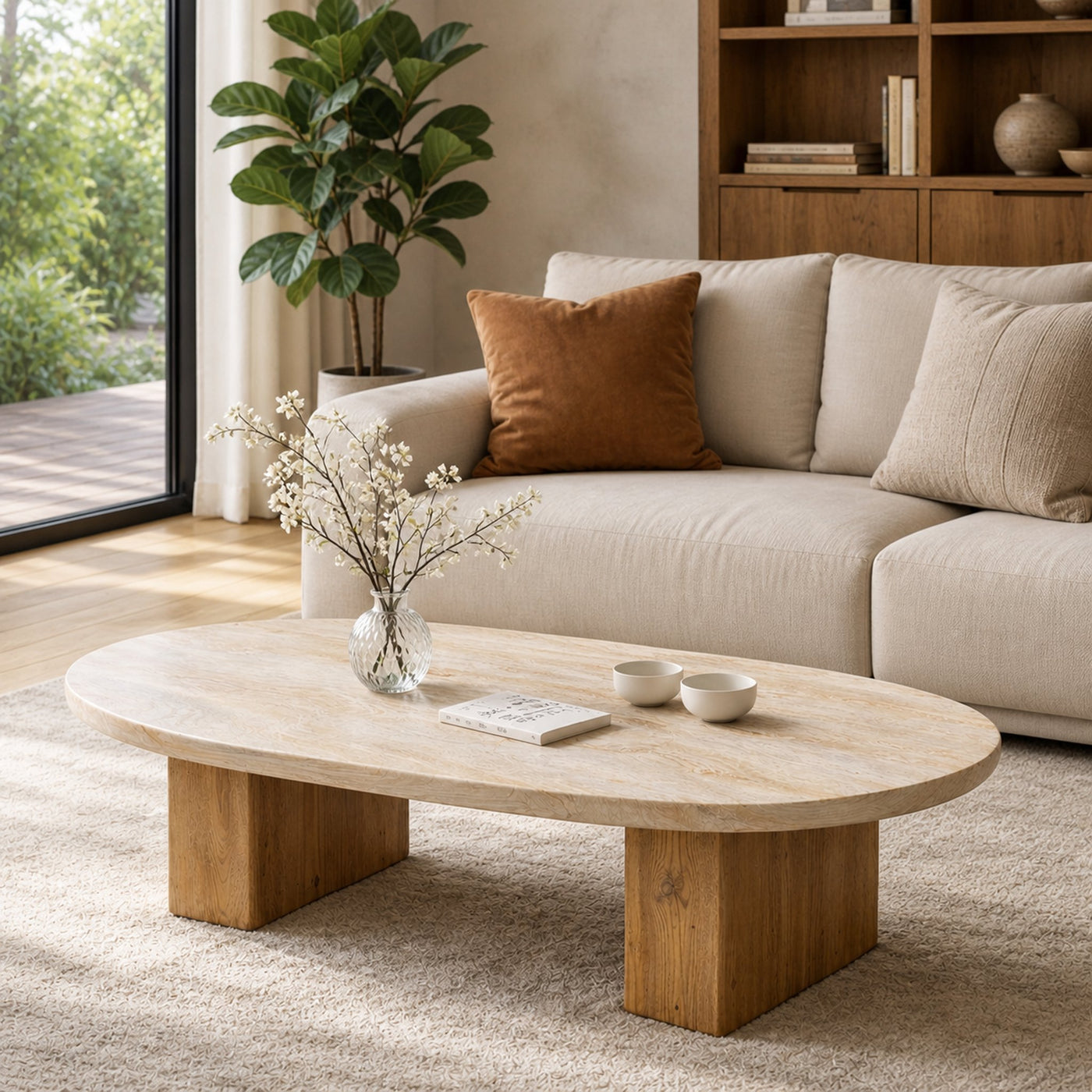 Light Oak Oval Solid Wood Coffee Table Minimalist Balance Contemporary Living Room Interior