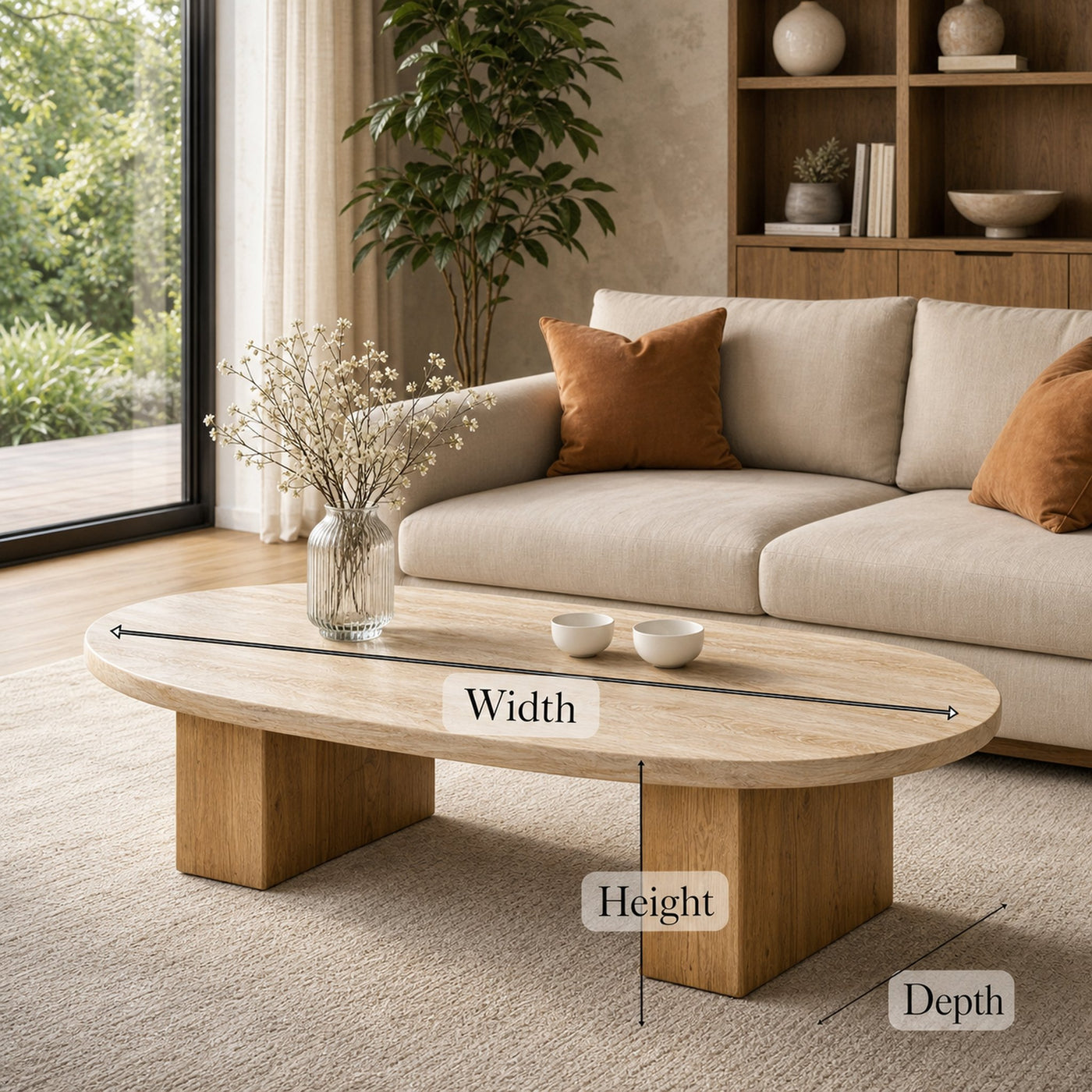 Light Oak Oval Solid Wood Coffee Table Minimalist Balance Contemporary Living Room Interior - product view 6