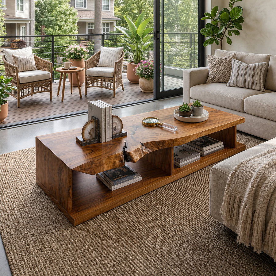Live Edge Storage Coffee Table For Apartment Lounge