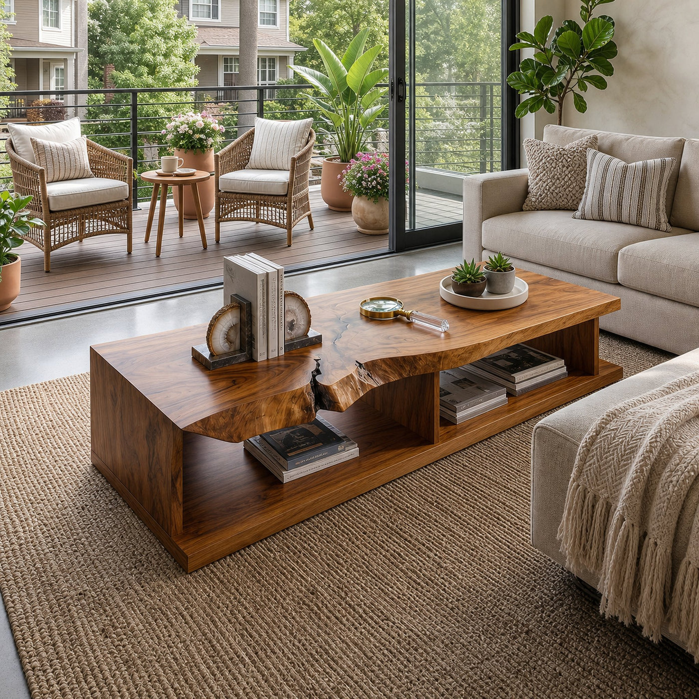 Live Edge Storage Coffee Table For Apartment Lounge