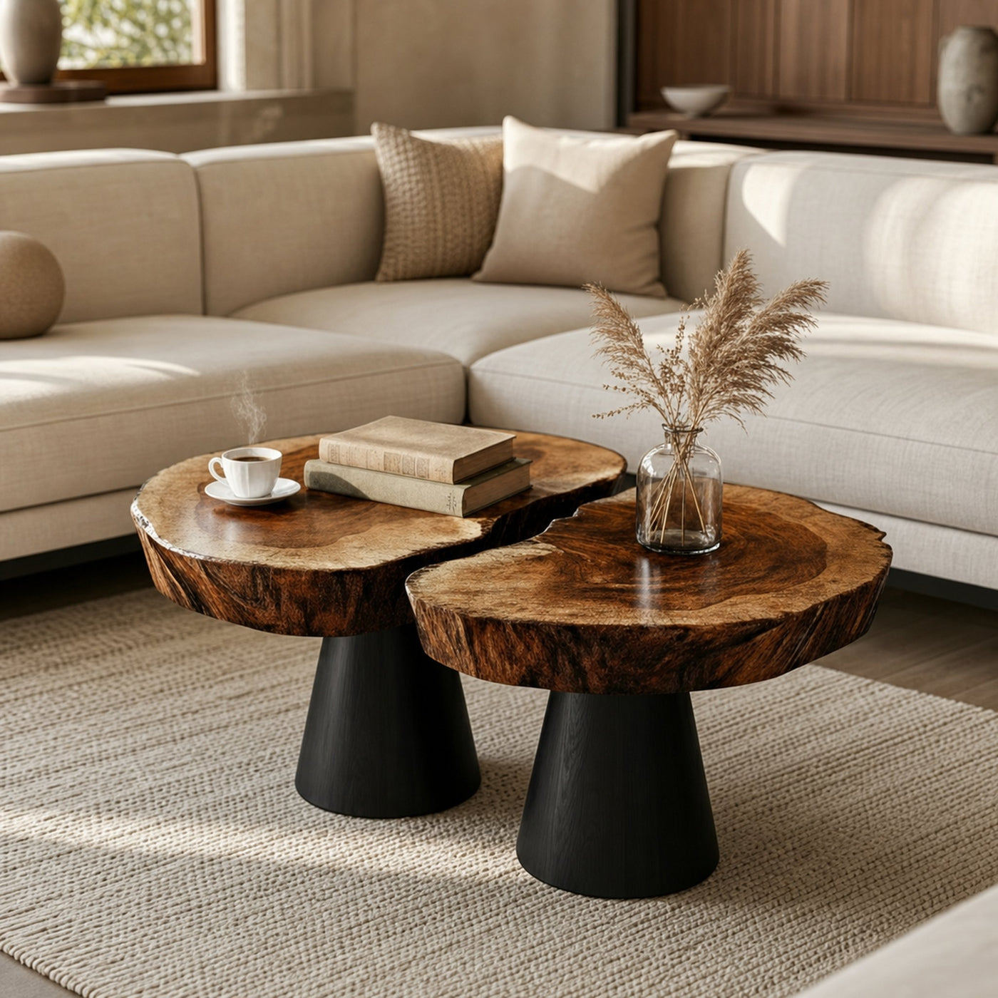 Live Edge Wooden Coffee Table Black Base Living Room Interior