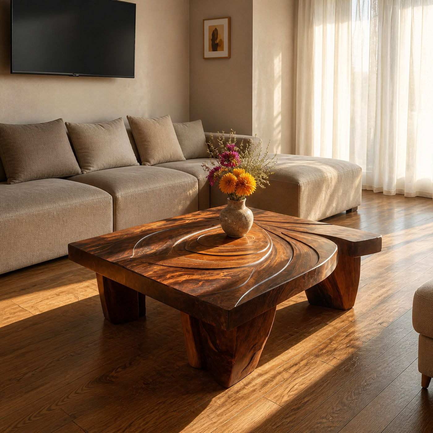 Mid Century Abstract Solid Wood Coffee Table For Living Room