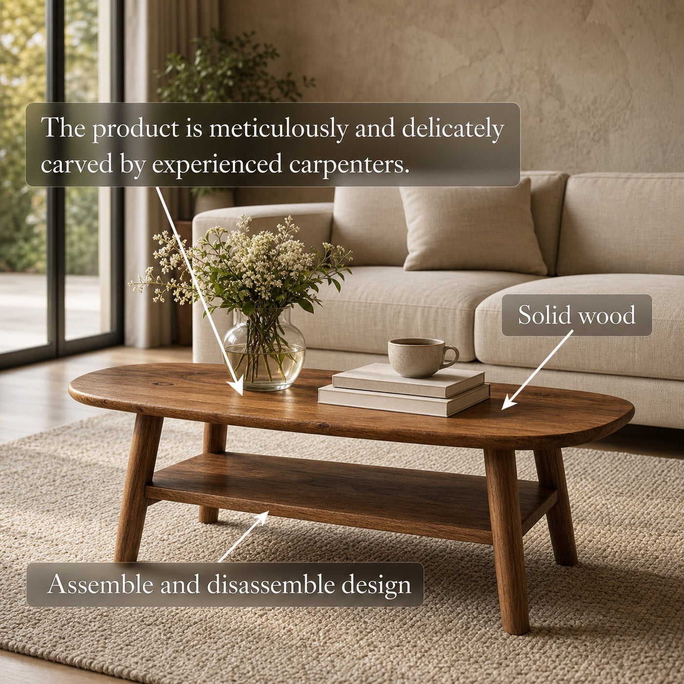 Mid Century Solid Wood Coffee Table Modern Living Room Interior - product view 3