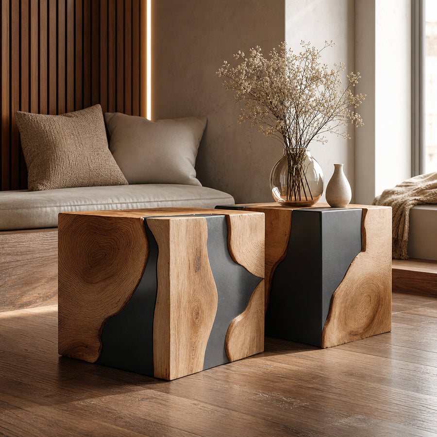 Mid Century Solid Wood Cube Coffee Table For Home Decor