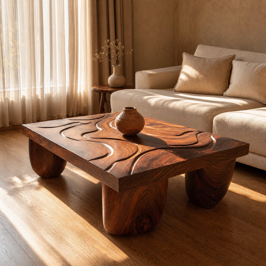 Mid Century Solid Wood Irregular Coffee Table For Entryway