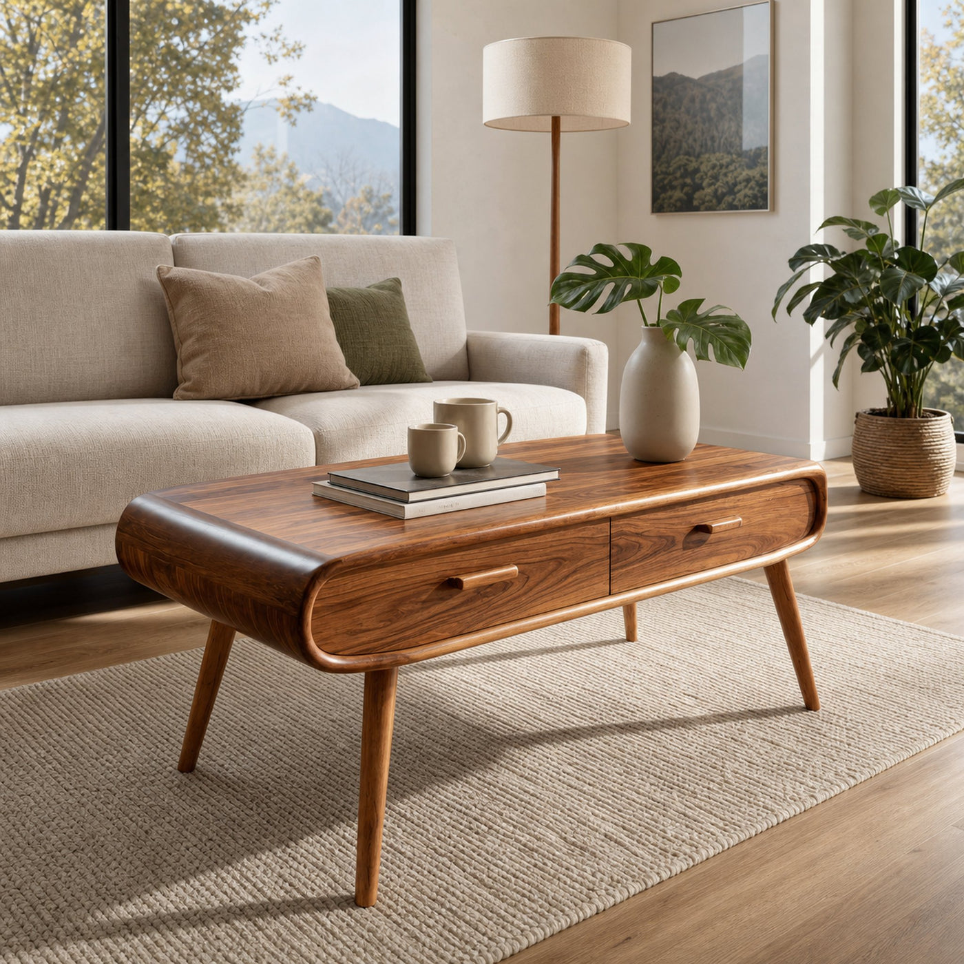 Mid Century Wood Coffee Table With Tapered Legs For Interior