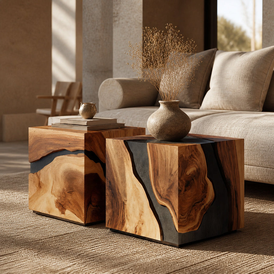 Mid Century Wooden Cube Coffee Table For Entryway Decor