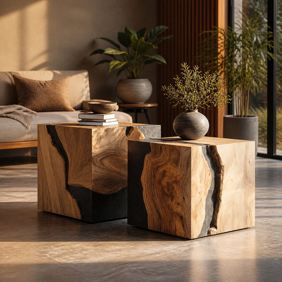 Mid Century Wooden Cube Coffee Table For Living Room Decor