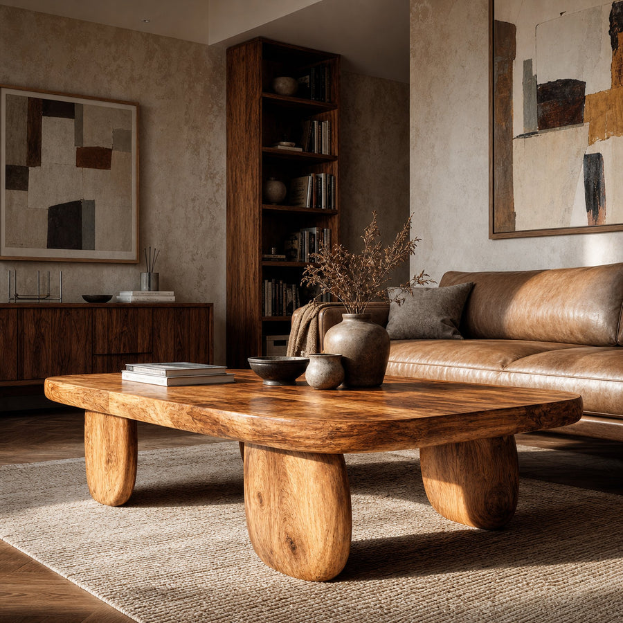 Minimal Coffee Table With Organic Pedestal Base For Living Room