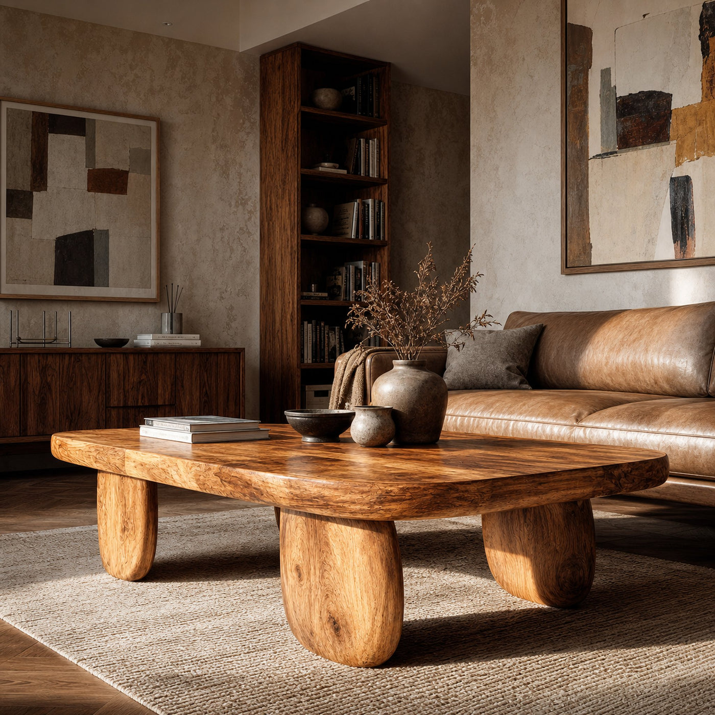 Minimal Coffee Table With Organic Pedestal Base For Living Room