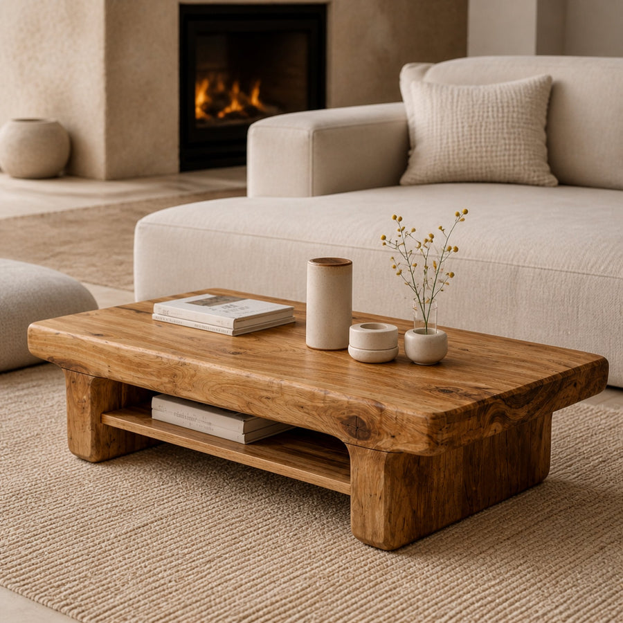 Minimal Solid Wood Coffee Table Grounded Modern Living Room Interior
