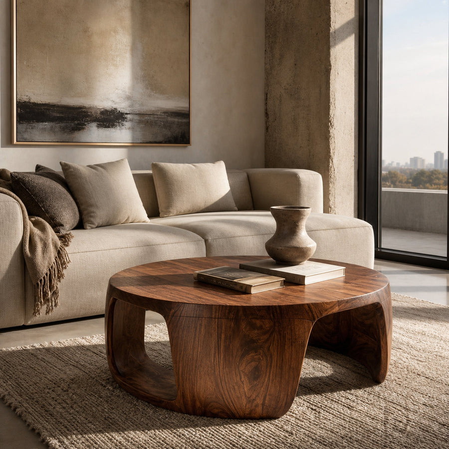 Minimal Wood Round Coffee Table With Sculptural Form For Home