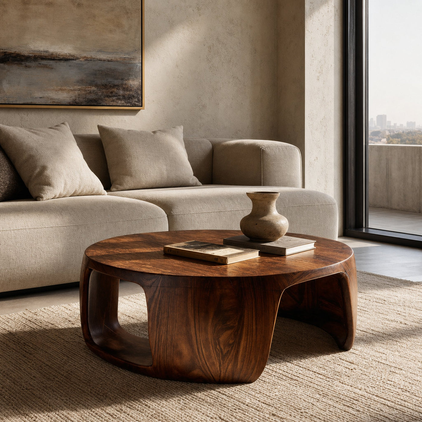 Minimal Wood Round Coffee Table With Sculptural Form For Home - product view 6