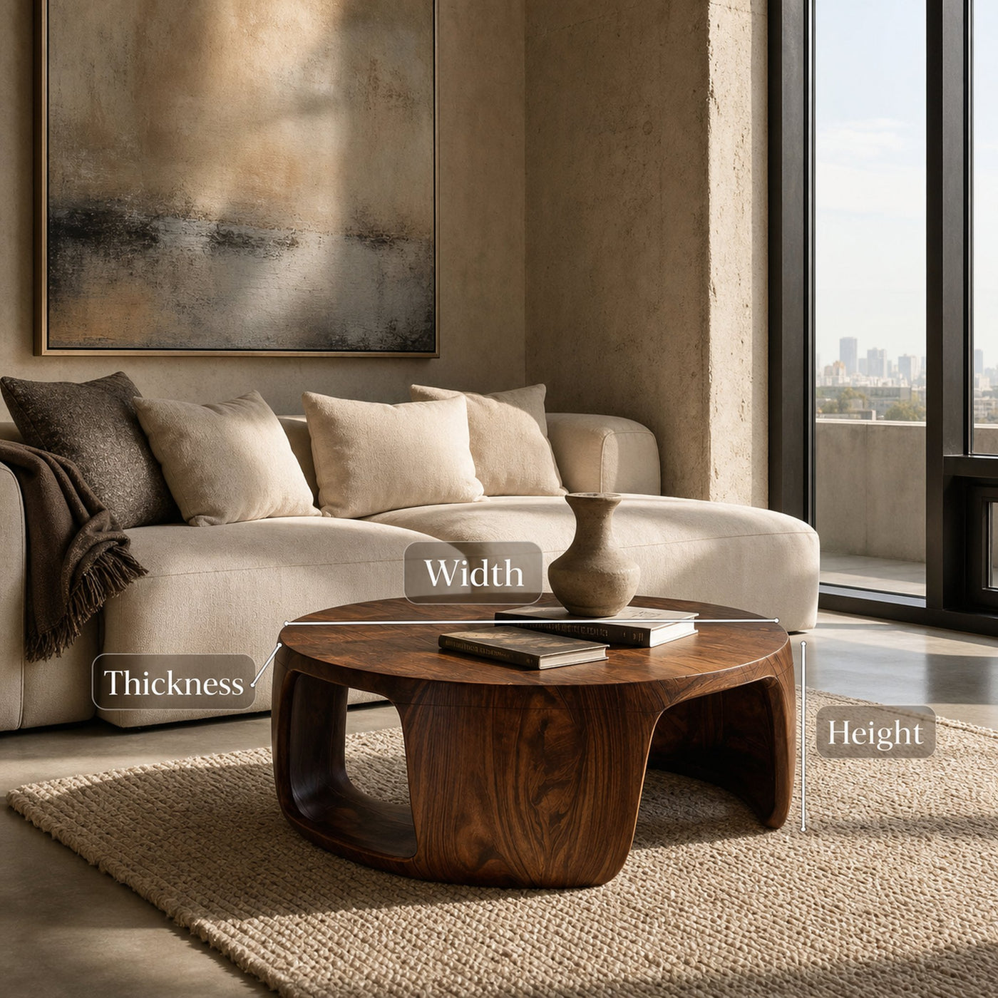 Minimal Wood Round Coffee Table With Sculptural Form For Home - product view 7