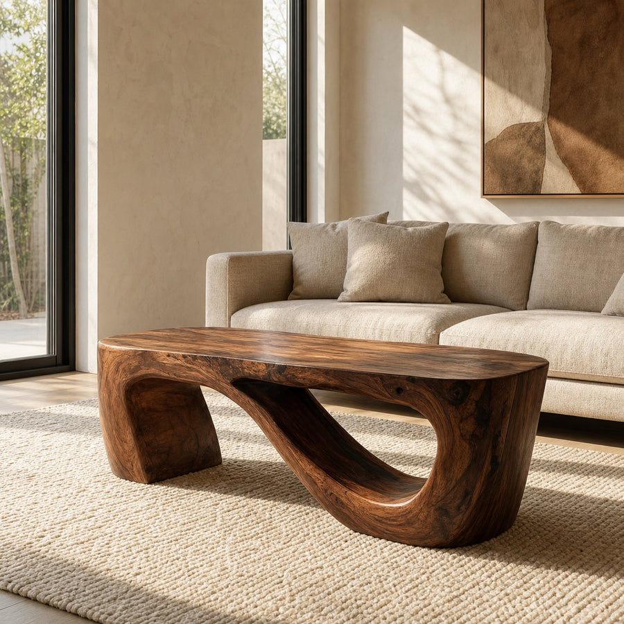 Minimalist Natural Wood Coffee Table With Sculptural Form For Living