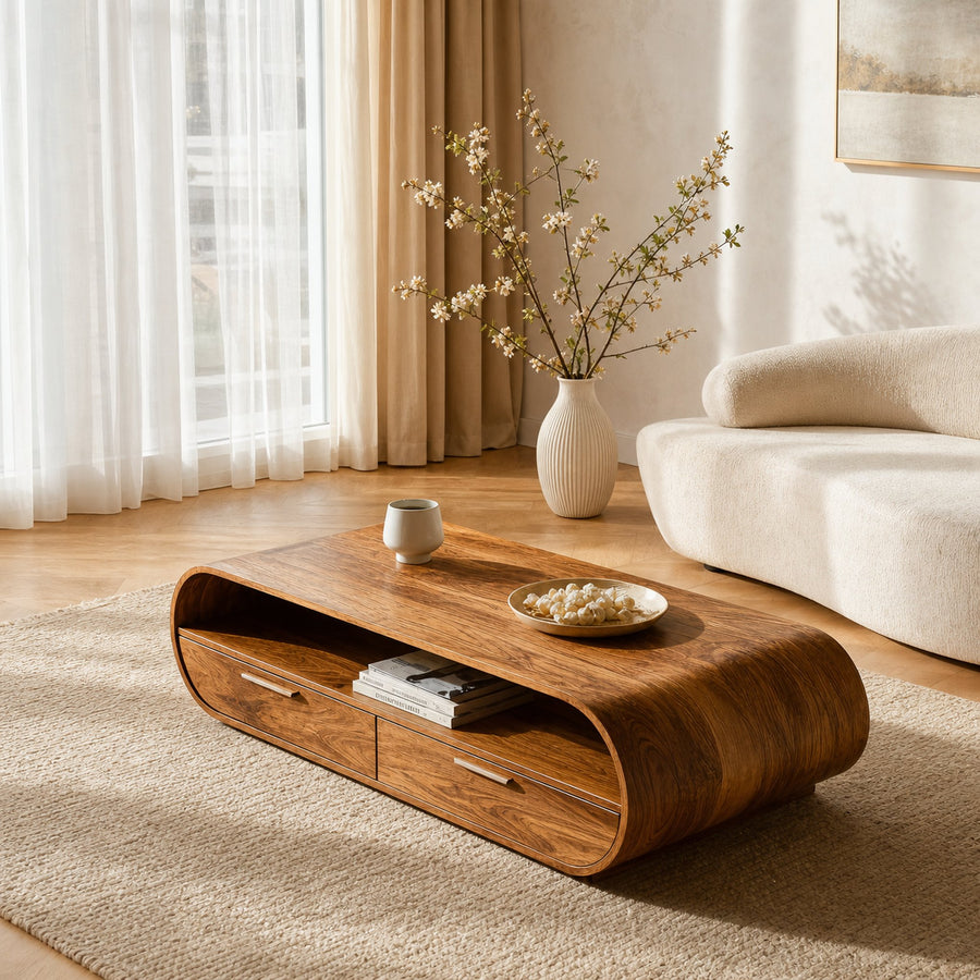 Modern Coffee Table Curved Storage Design For Living Room