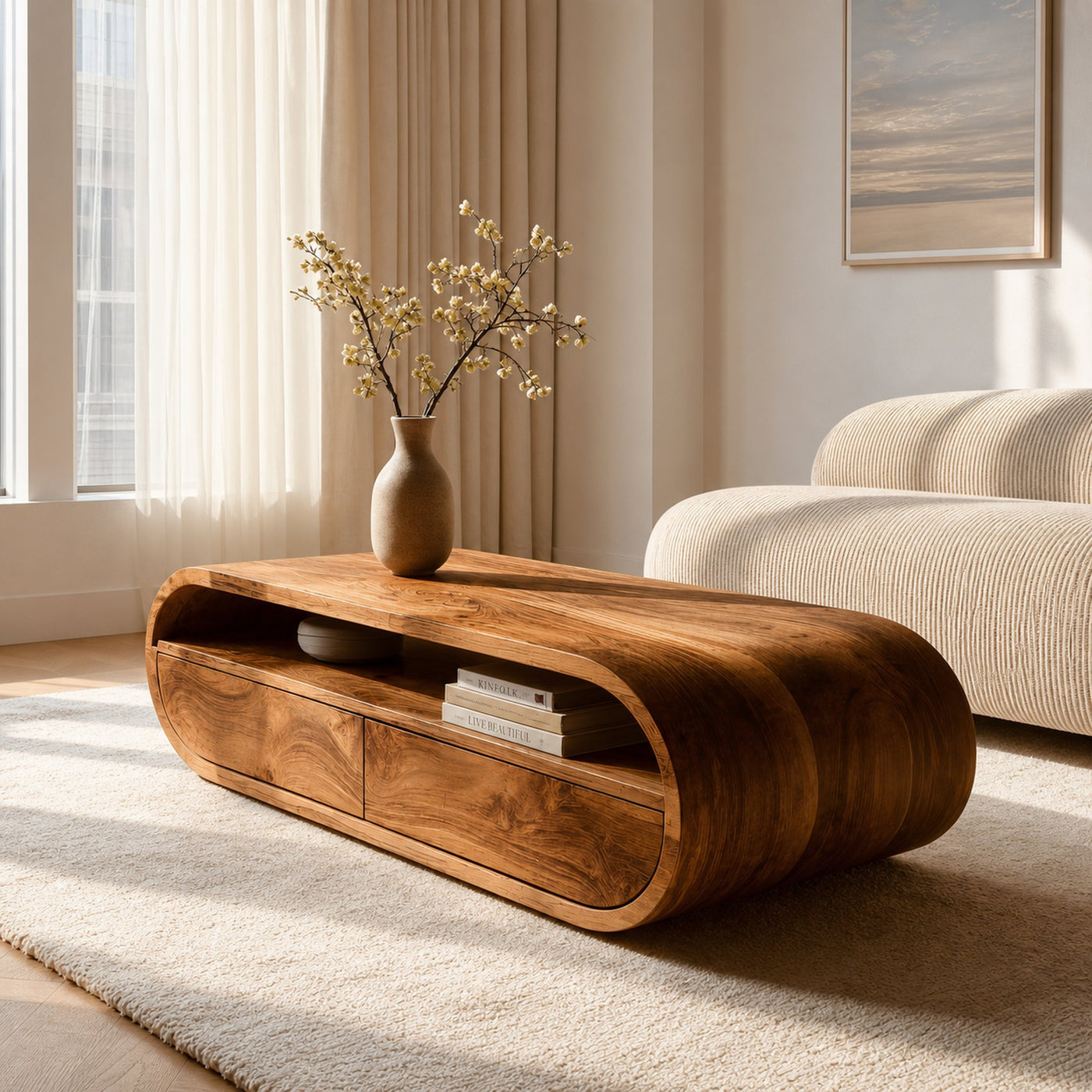 Modern Coffee Table Curved Storage For Living Room