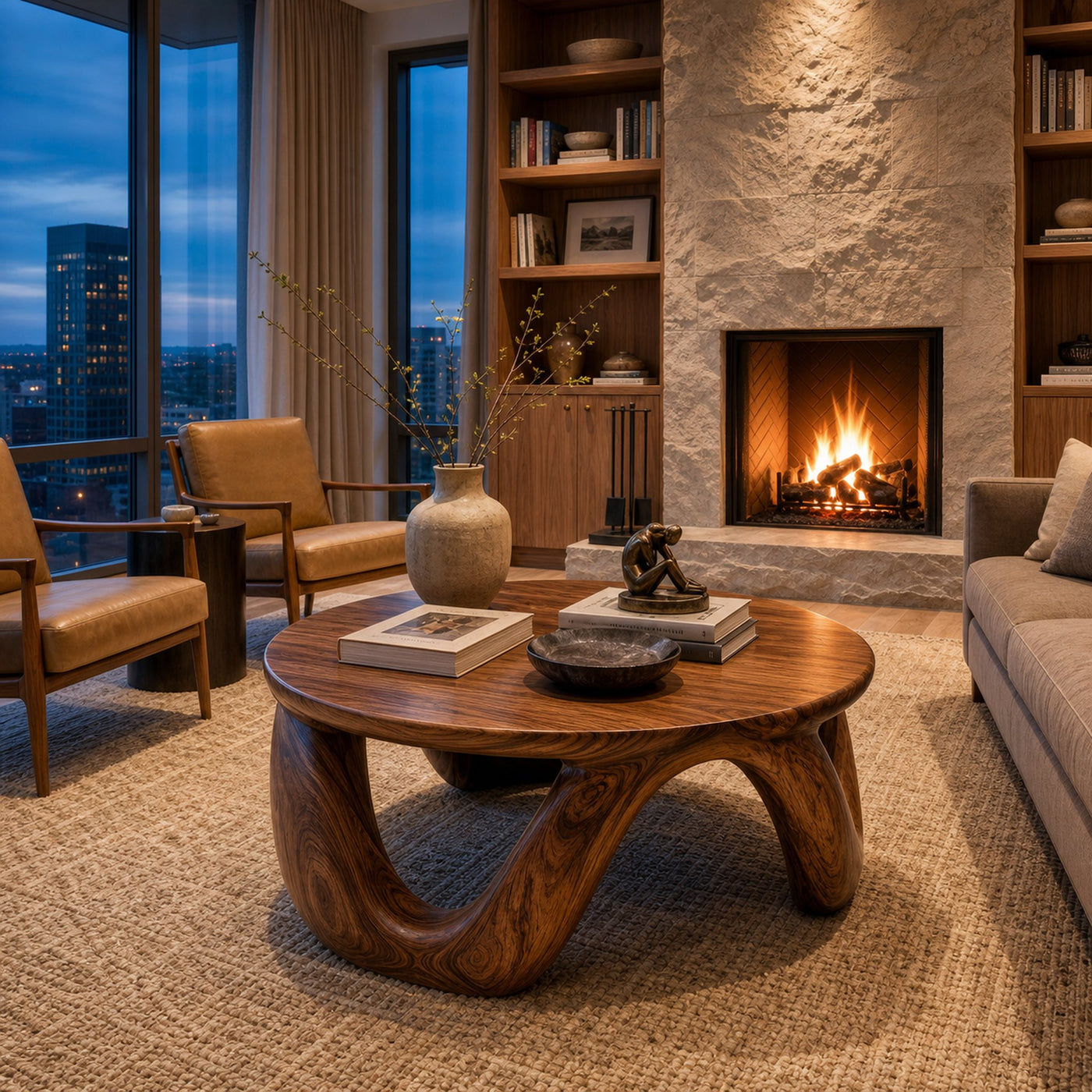 Modern Coffee Table With Round Solid Wood Top And Artistic Sculptural Base For Living Room