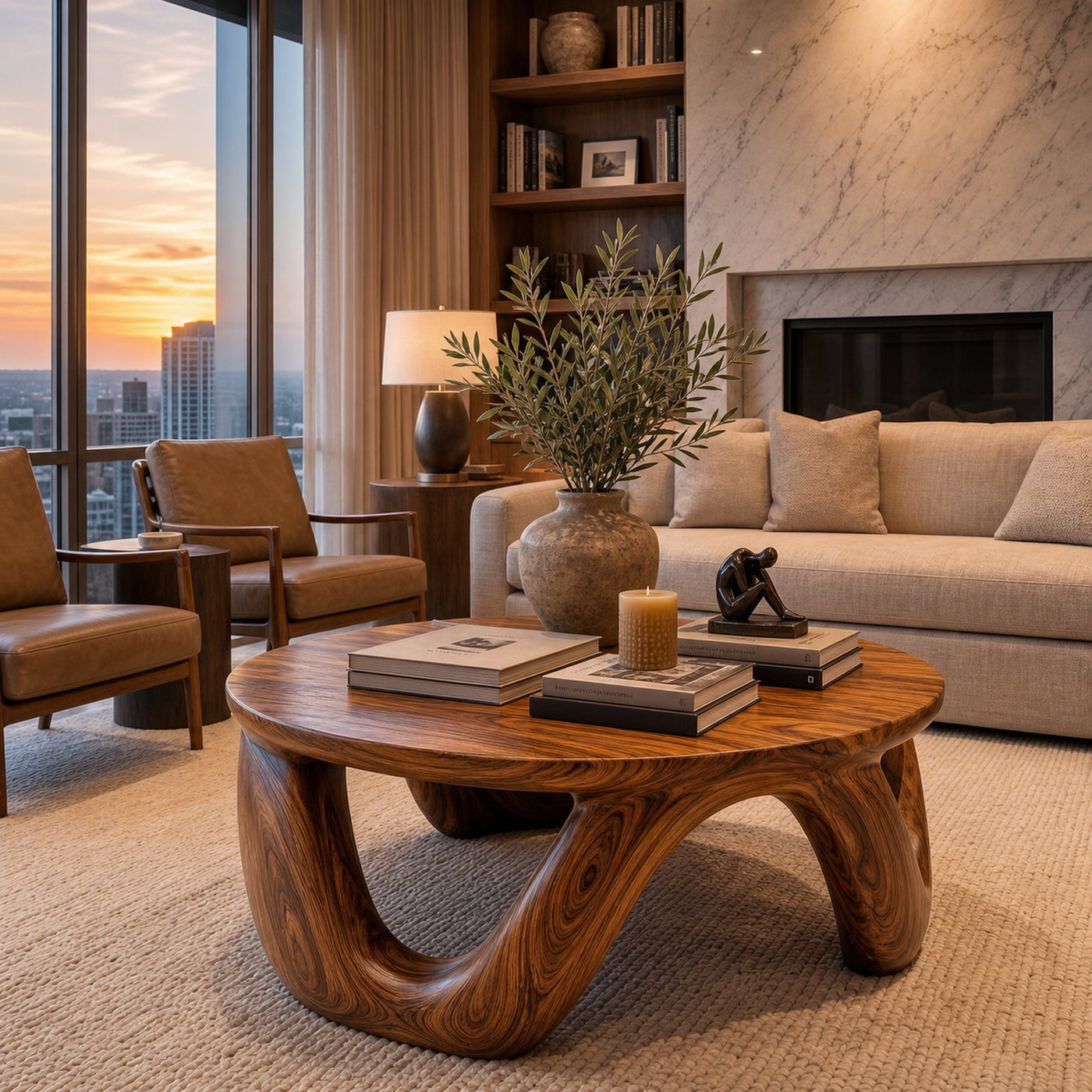 Modern Coffee Table With Round Solid Wood Top And Artistic Sculptural Base For Living Room - product view 6