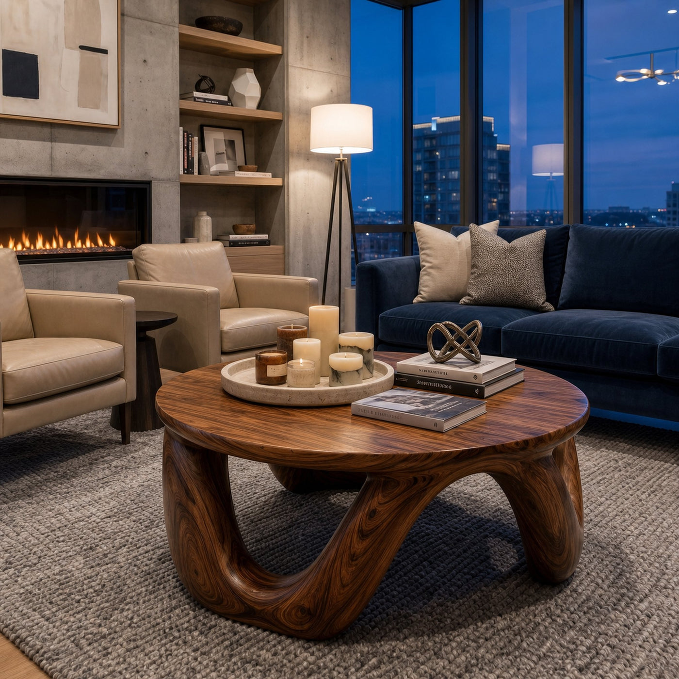 Modern Coffee Table With Round Solid Wood Top And Artistic Sculptural Base For Living Room - product view 7