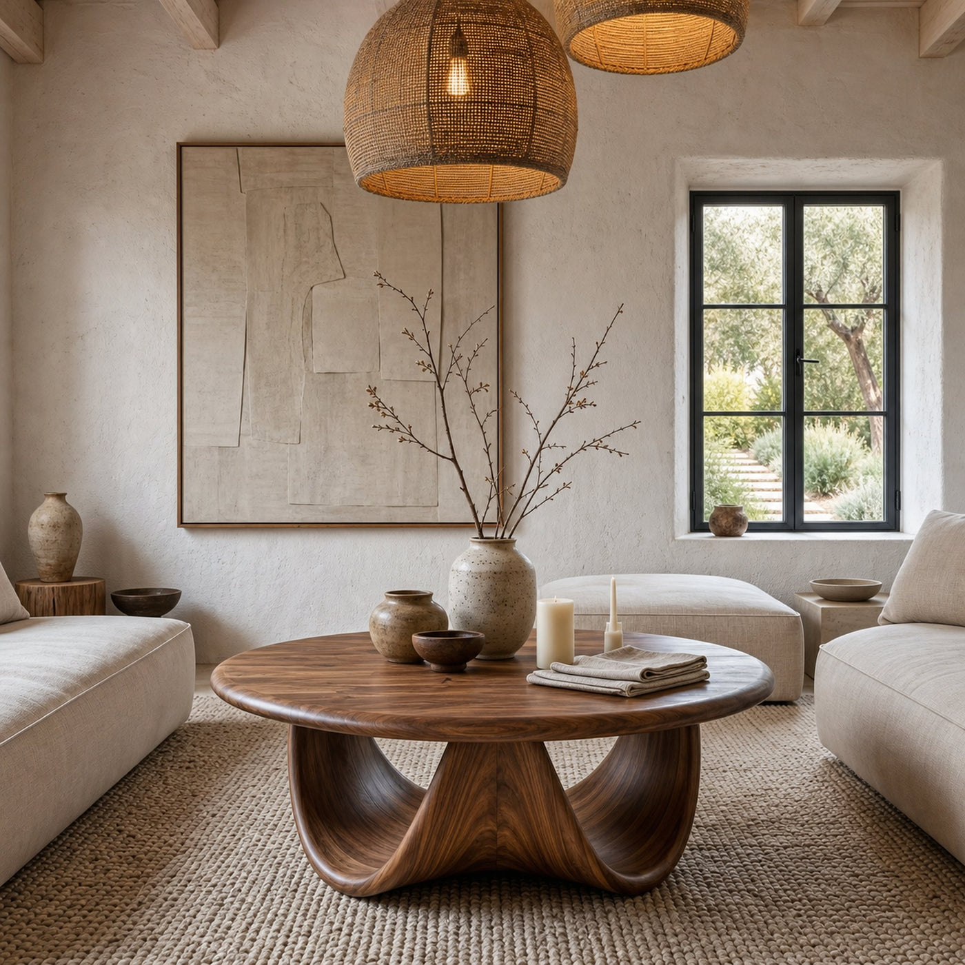 Modern Coffee Table With Sculptural Double Loop Wood Base For Living Room