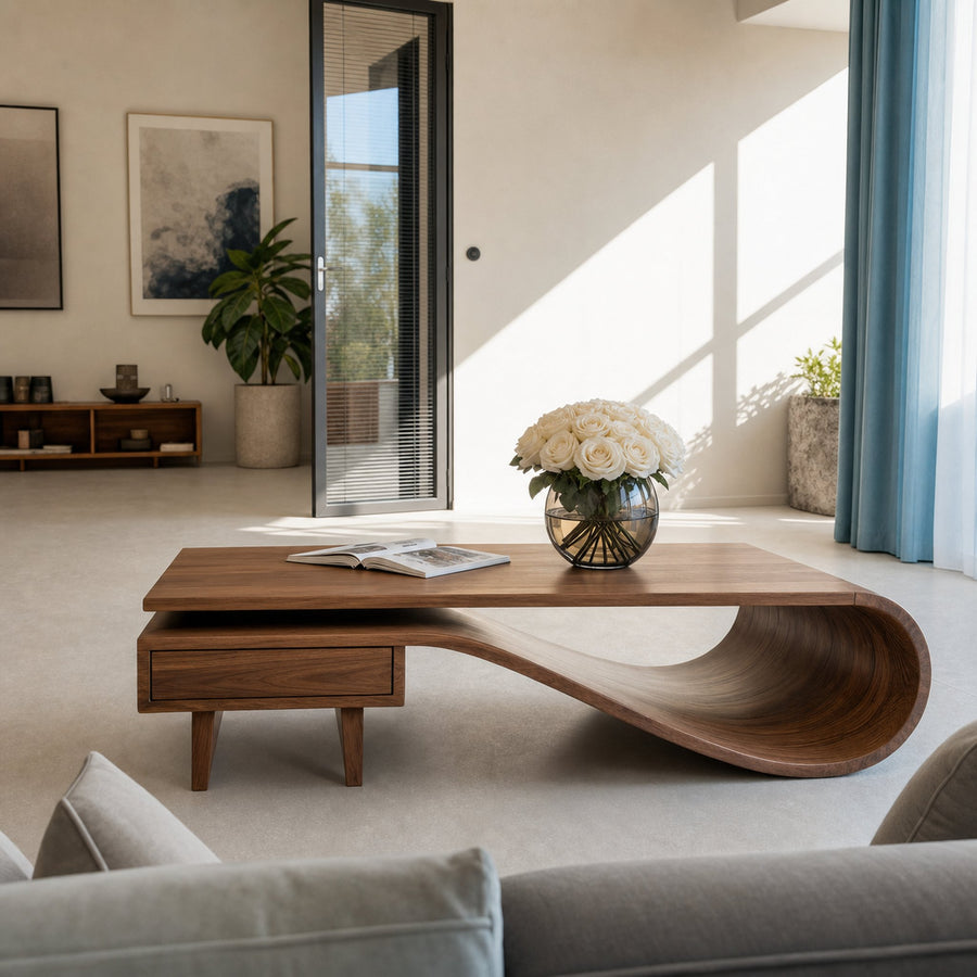 Modern Curved Coffee Table With Drawers For Living Room