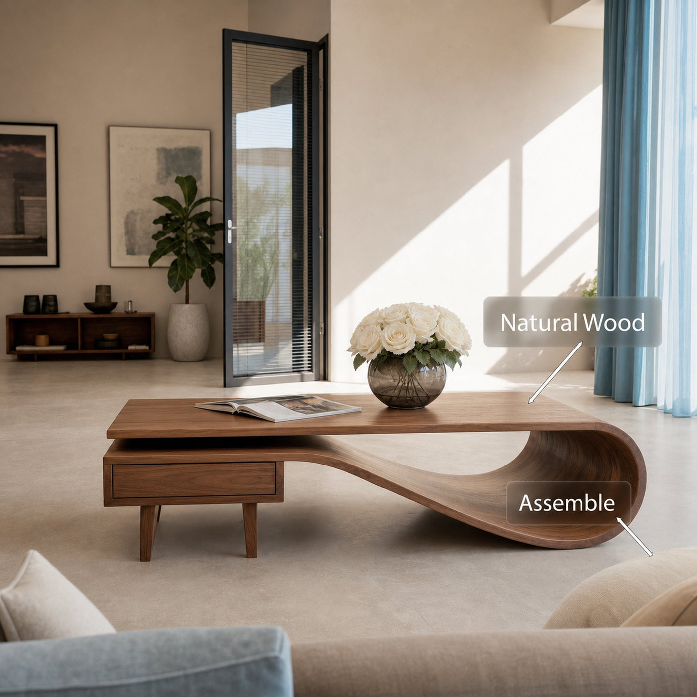 Modern Curved Coffee Table With Drawers For Living Room - product view 6