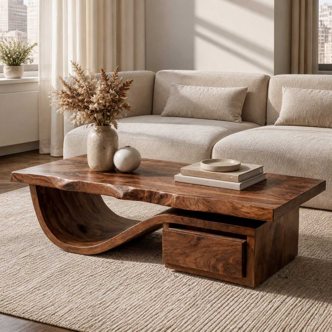 Modern Organic Coffee Table With Storage For Living Room And Lounge