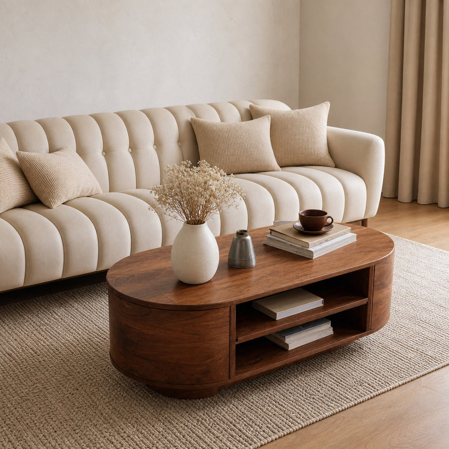 Modern Oval Coffee Table With Open Shelves For Living Room