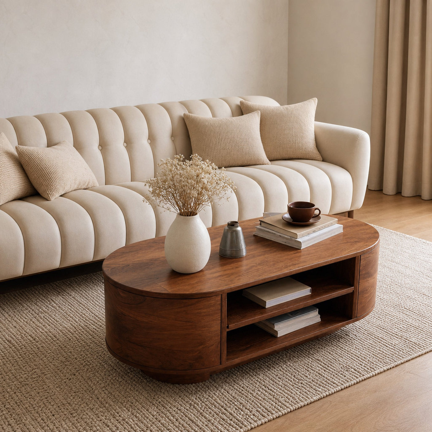 Modern Oval Coffee Table With Open Shelves For Living Room