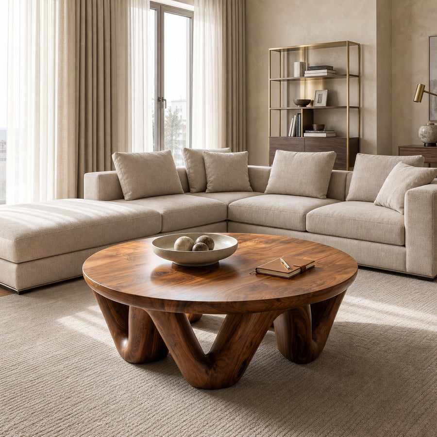 Modern Round Coffee Table With Flowing Sculptural Base For Home