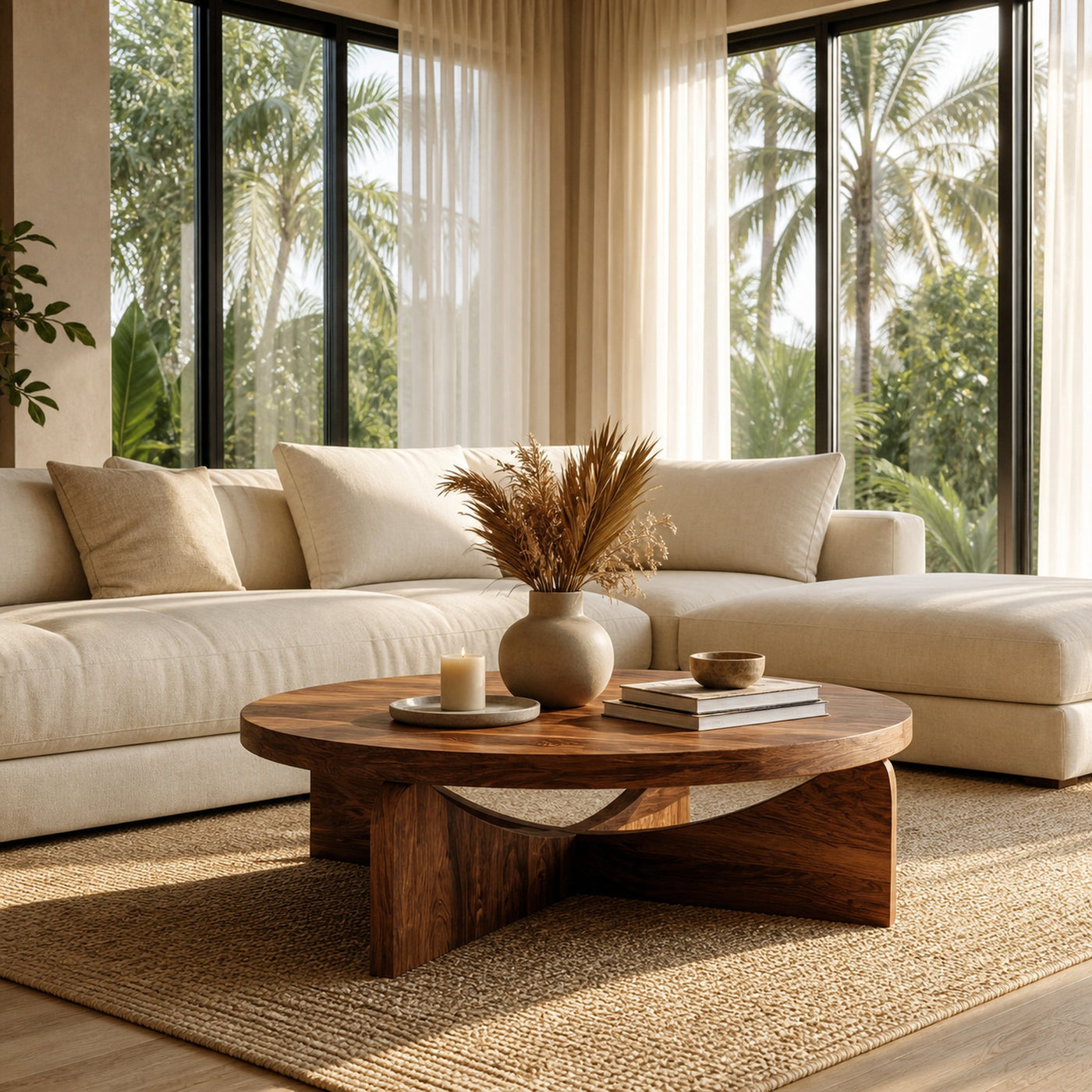 Modern Round Wood Coffee Table With Unique Base For Living