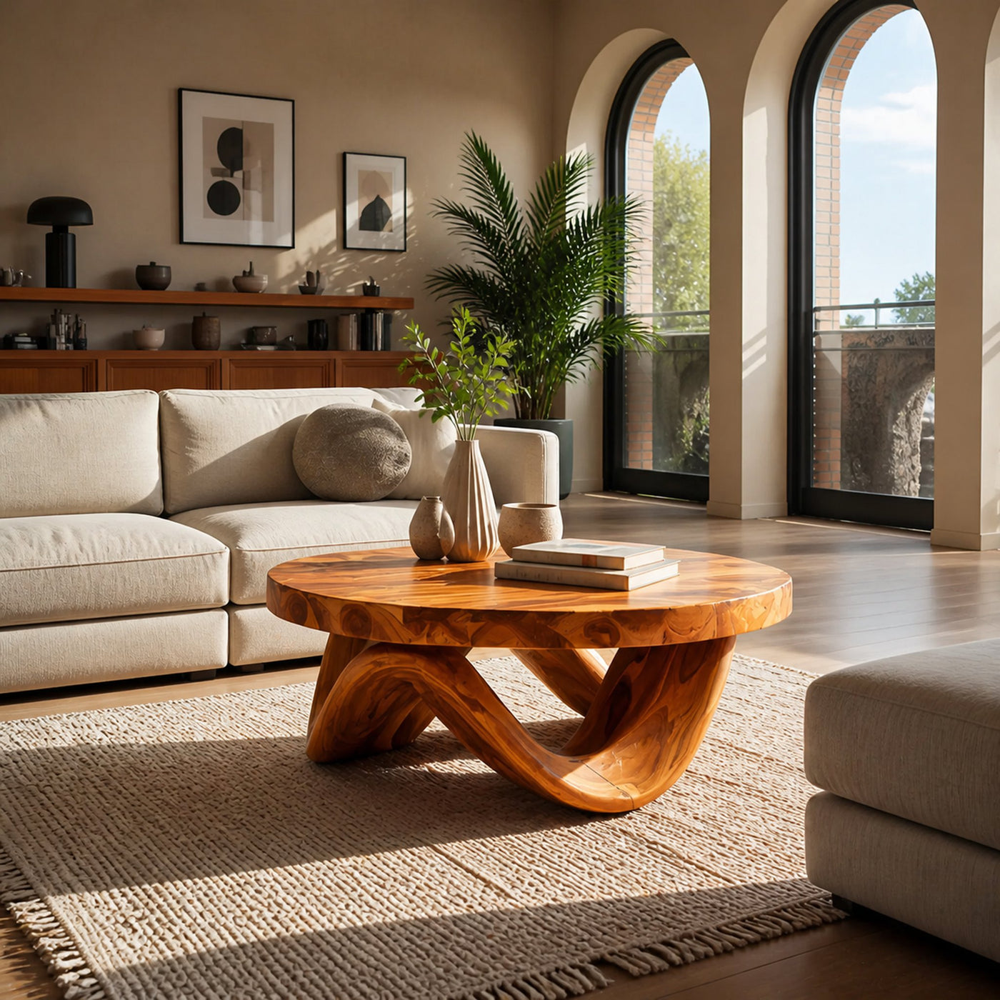 Modern Sculptural Coffee Table With Curved Base For Living