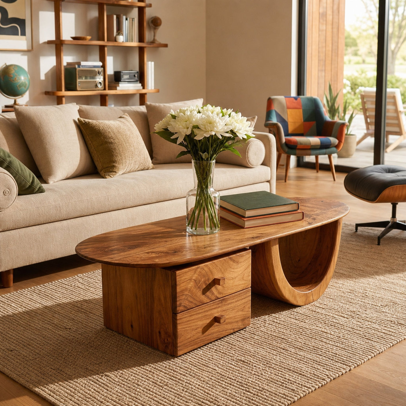 Modern Wood Oval Coffee Table With Drawer For Living Room