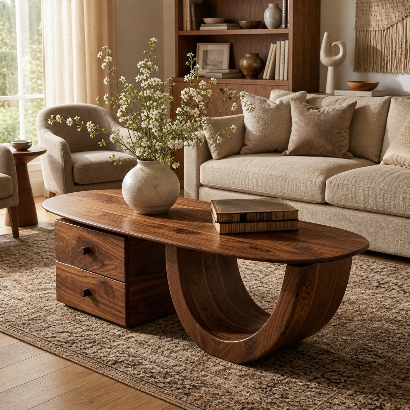 Modern Wood Oval Coffee Table With Drawer For Living Room - product view 7