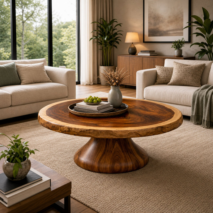 Monumental Pedestal Solid Wood Coffee Table Sculptural Focal Point Sophisticated Living Room Interior