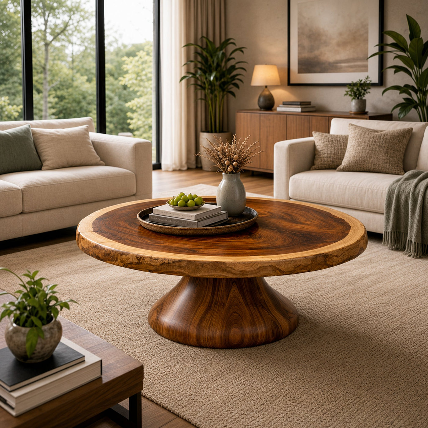 Monumental Pedestal Solid Wood Coffee Table Sculptural Focal Point Sophisticated Living Room Interior